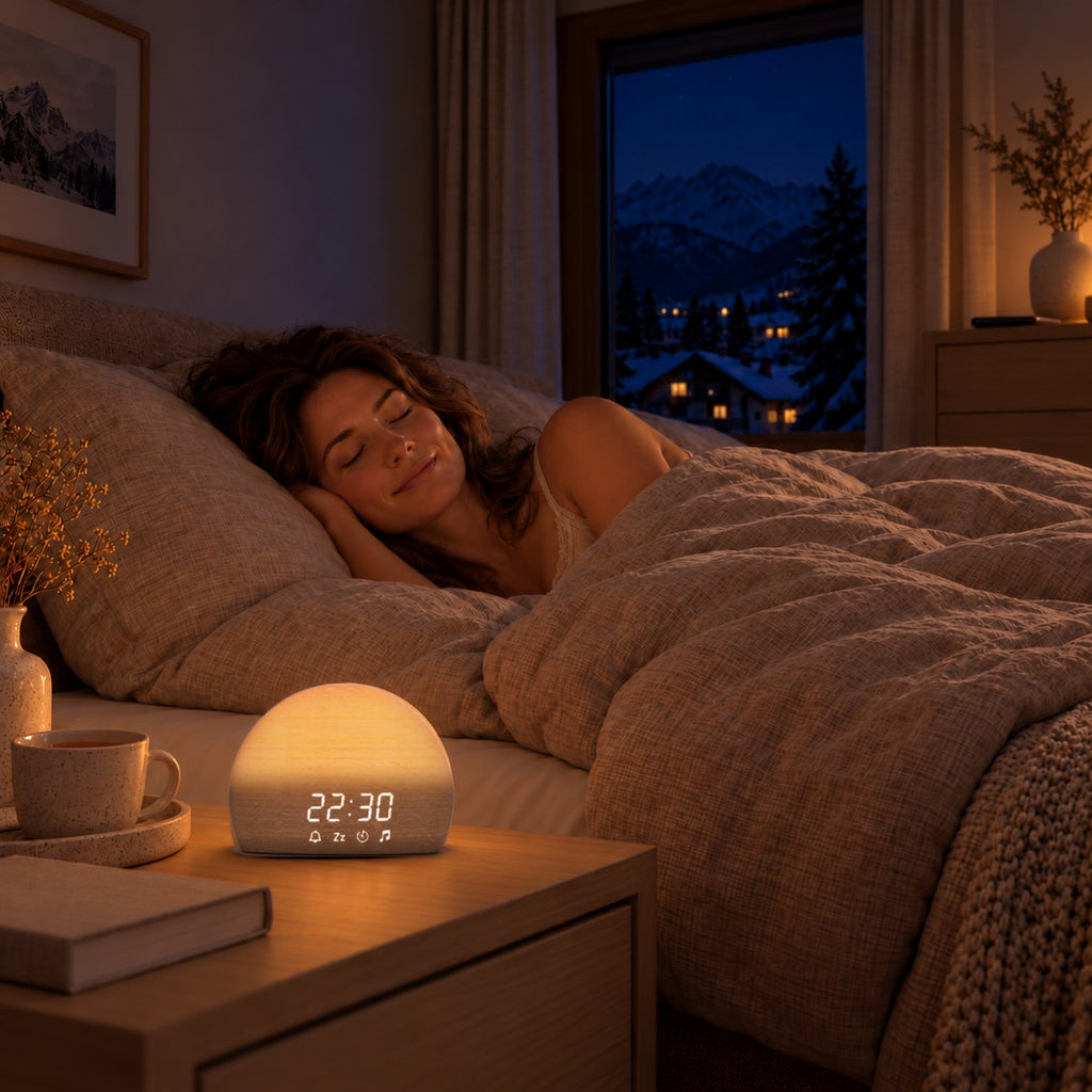 Frau schläft am Abend ein, der Sunrise Wecker leuchtet warm auf dem Nachttisch