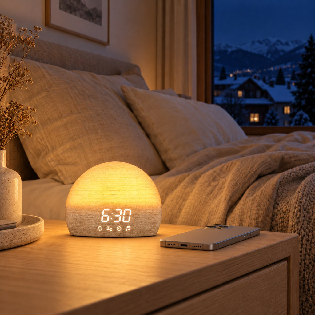 Sunrise Wecker neben einem Smartphone auf dem Nachttisch, als Grössenvergleich