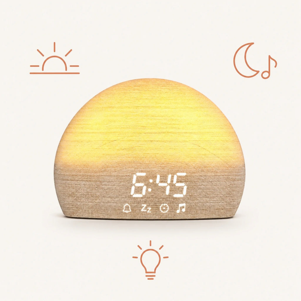 Sunrise Wecker 3-in-1 mit Symbolen für die drei Funktionen: Sonnenaufgang, Einschlafklänge und Nachtlicht