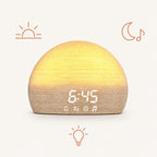Sunrise Wecker 3-in-1 mit Symbolen für die drei Funktionen: Sonnenaufgang, Einschlafklänge und Nachtlicht