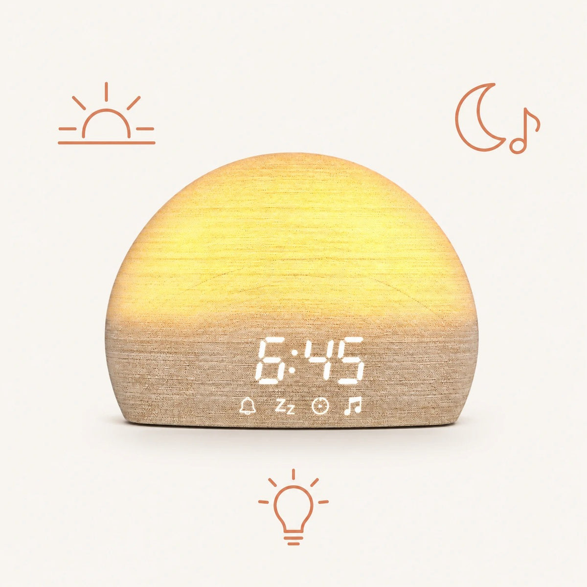 Sunrise Wecker 3-in-1 mit Symbolen für die drei Funktionen: Sonnenaufgang, Einschlafklänge und Nachtlicht