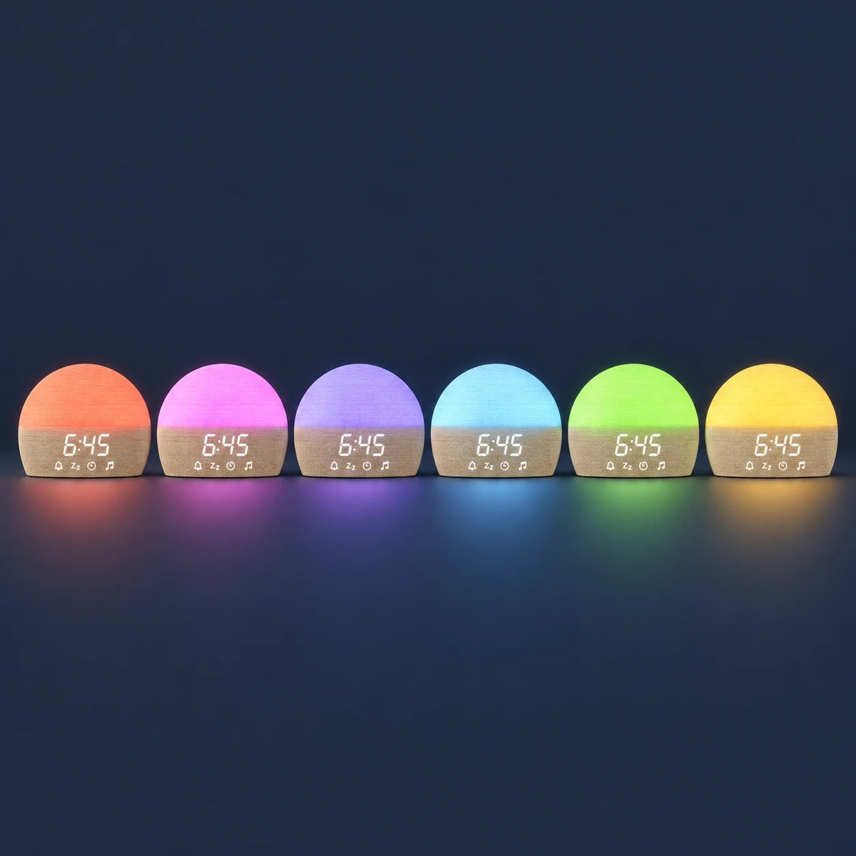 Sunrise Wecker in sechs Lichtfarben: Orange, Pink, Violett, Blau, Grün und Gelb
