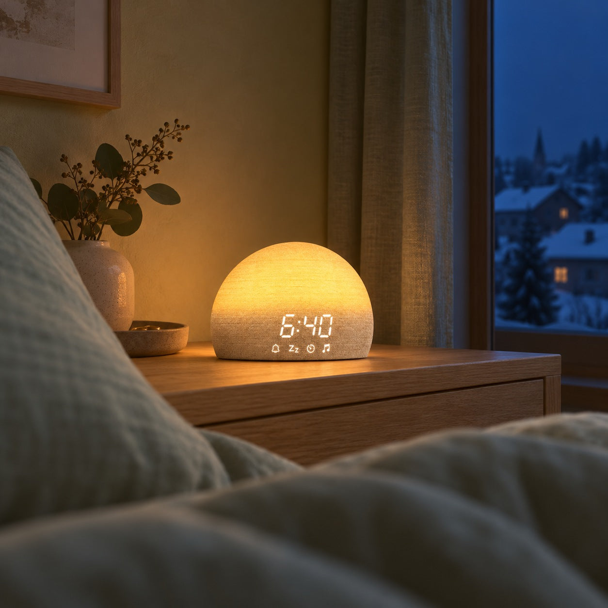 Blick aus dem Bett auf den leuchtenden Sunrise Wecker am frühen Morgen